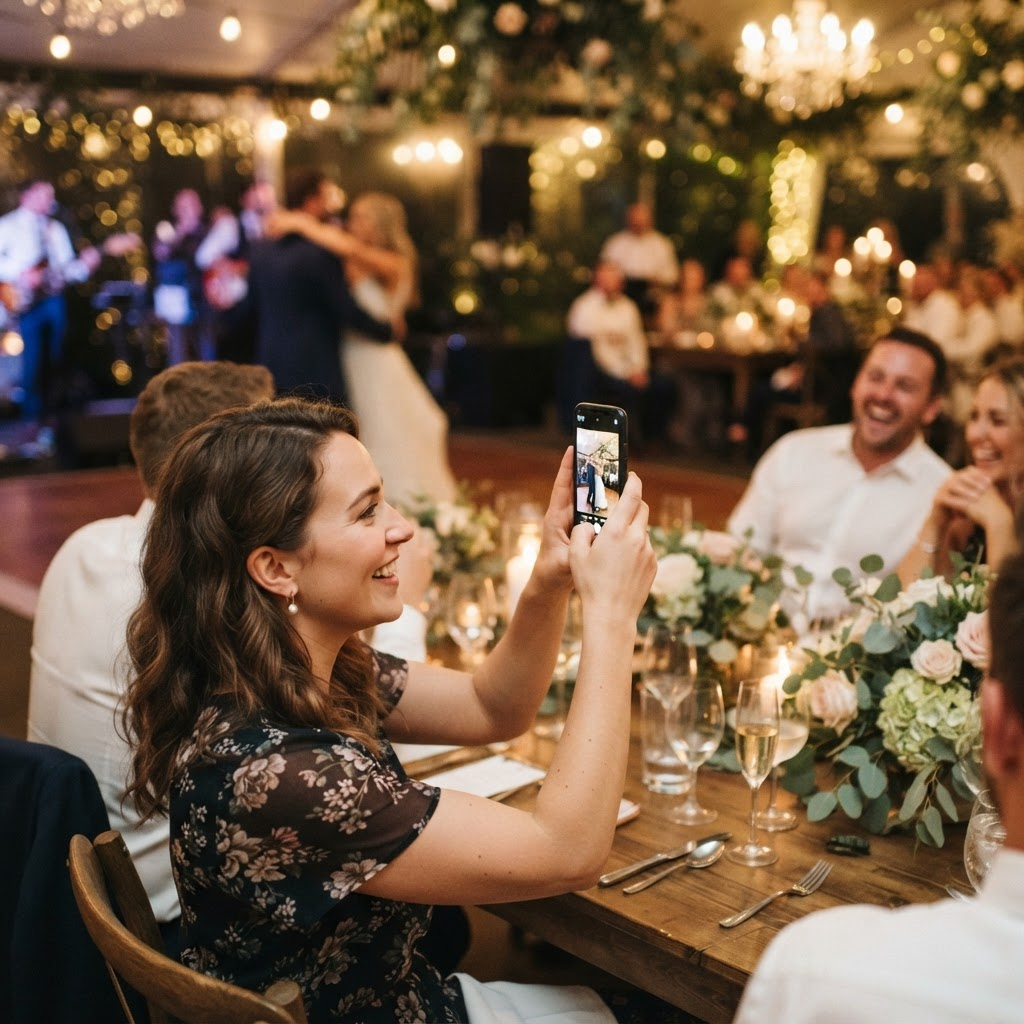 A wedding guest capturing a candid photo on their phone