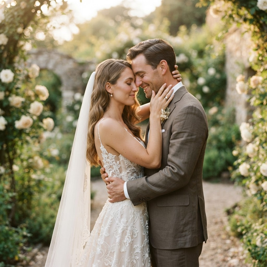 A bride and groom embracing during golden hour
